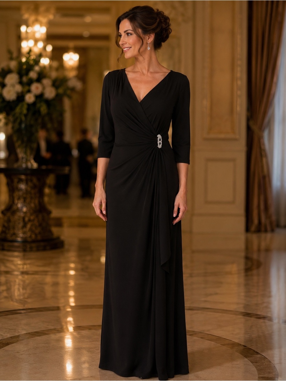 Ralph Lauren Black Long-Sleeve V-Neck Evening Gown with Side Brooch - Picture 4 of 13